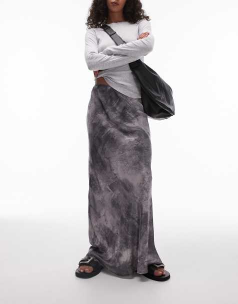 Topshop - Gonna lunga in raso grigio con stampa e taglio sbieco - view 1