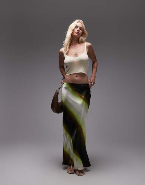 Topshop - Gonna lunga in raso lime sfocato a righe asimmetrica - view 1