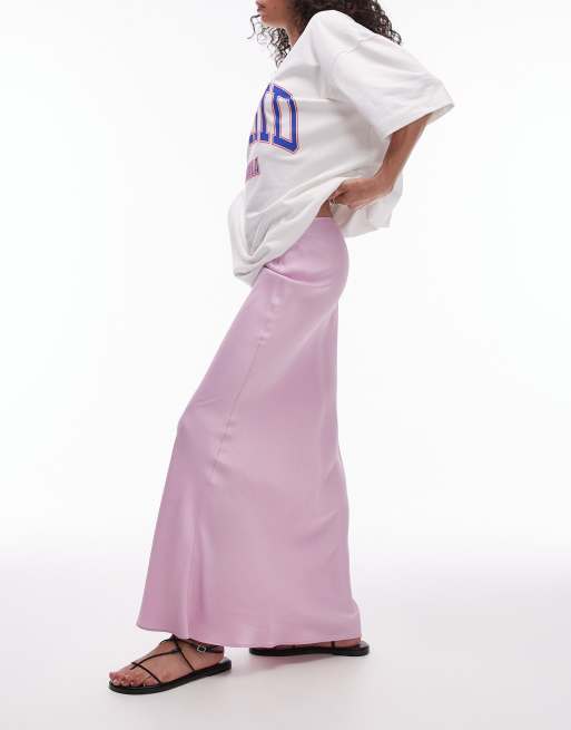 Topshop - Gonna lunga in raso rosa con taglio asimmetrico