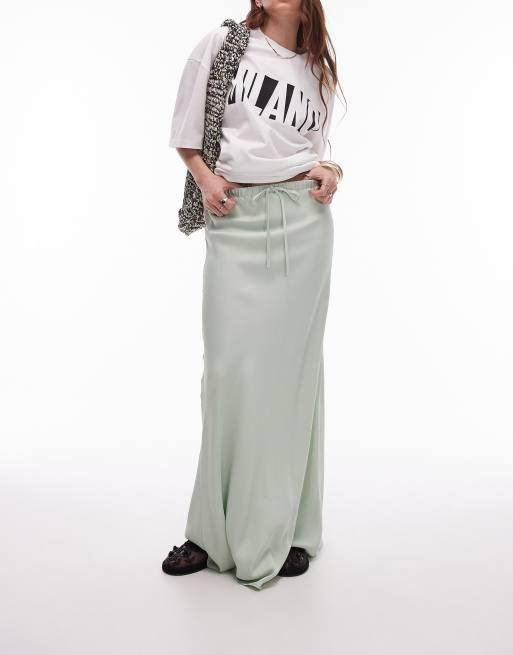 Topshop - Gonna lunga in raso verde ghiaccio con taglio sbieco