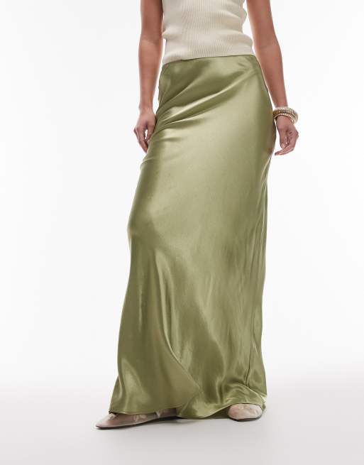 Topshop - Gonna lunga in raso verde oliva con taglio asimmetrico, 3 di 5