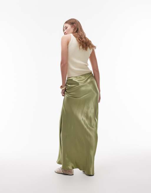 Topshop - Gonna lunga in raso verde oliva con taglio asimmetrico, 5 di 5