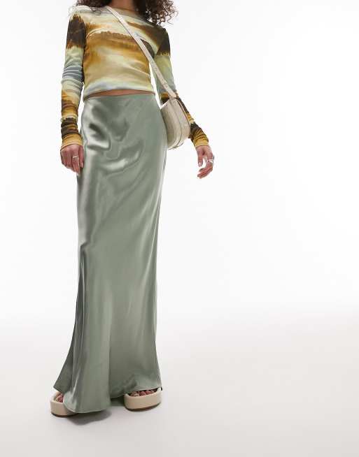 Topshop Gonna lunga in raso verde salvia con taglio sbieco