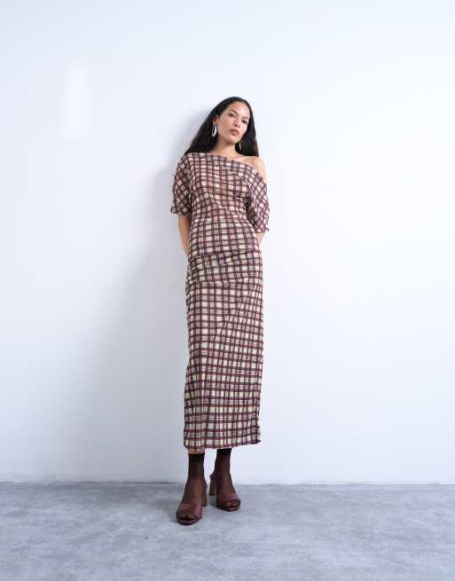 Topshop - Gonna lunga in rete a quadri con dettaglio raccolto