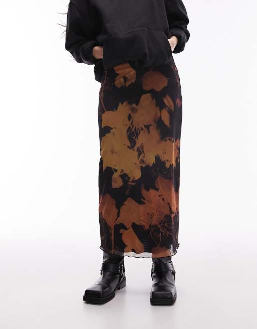 Topshop - Gonna lunga in rete color seppia a fiori