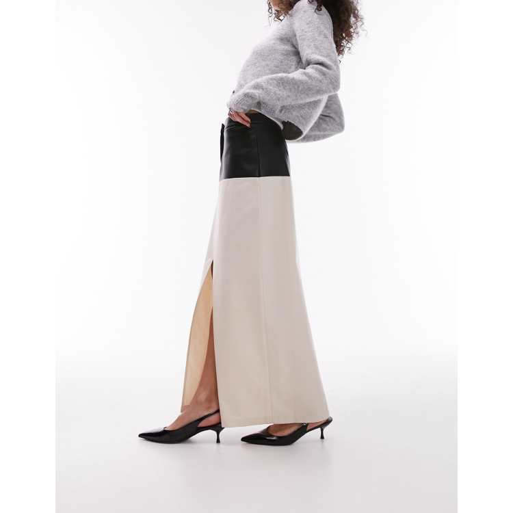Topshop Gonna lunga in twill color crema con finiture in similpelle PU nera ASOS