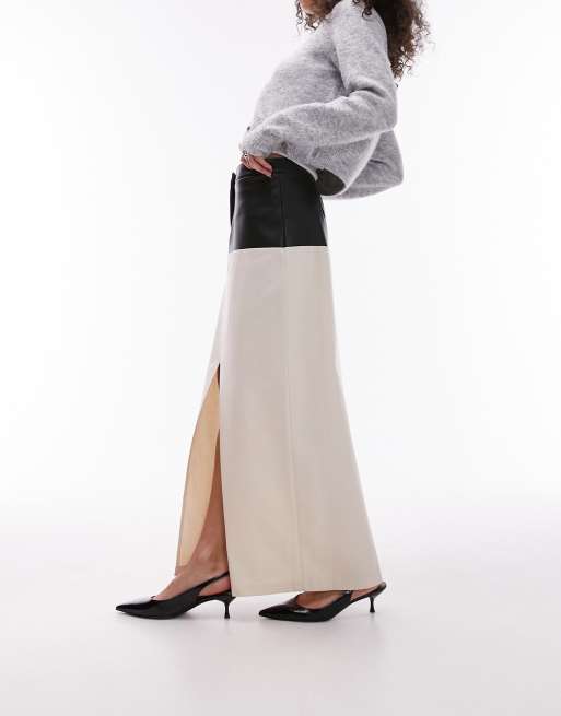 Topshop - Gonna lunga in twill color crema con finiture in similpelle PU nera