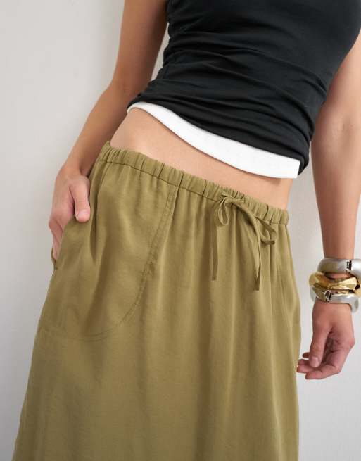 Topshop - Gonna lunga slim morbida allacciata in vita color oliva, 3 di 5
