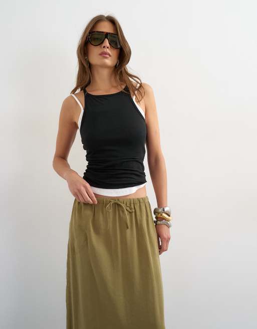 Topshop - Gonna lunga slim morbida allacciata in vita color oliva, 4 di 5