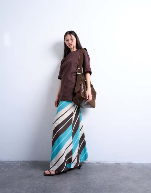 Topshop - Gonna lunga sopra la caviglia marrone e blu a righe in tessuto cupro con taglio sbieco