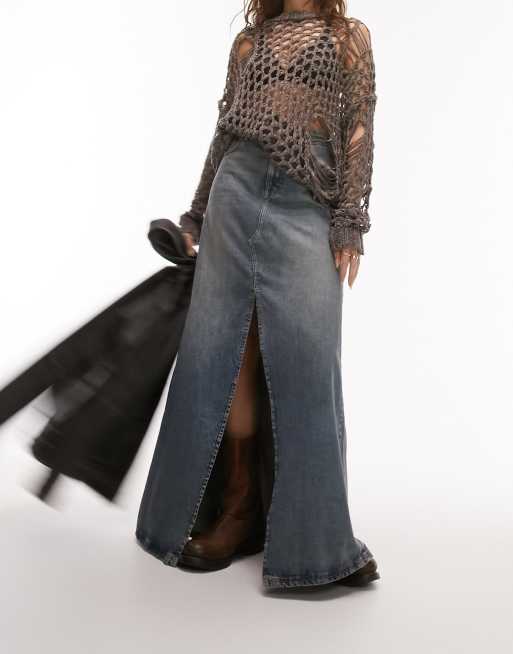 Topshop - Gonna lunga svasata in denim blu autentico