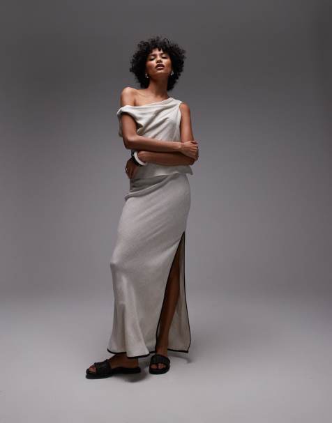 Topshop - Gonna lunga taglio sbieco in lino neutro con profilo nero - view 1