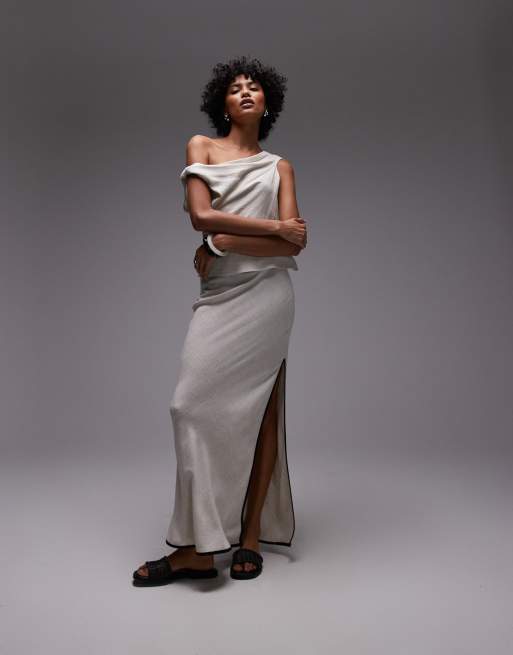 Topshop - Gonna lunga taglio sbieco in lino neutro con profilo nero