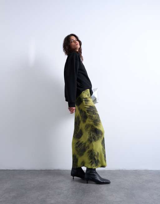 Topshop - Gonna lunga taglio sbieco verde con stampa a fiori