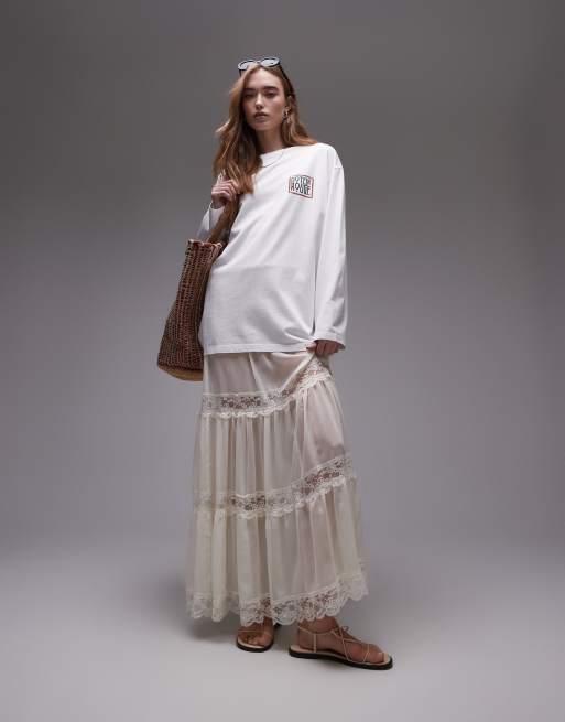 Topshop - Gonna lunga trasparente color avorio con inserti in pizzo