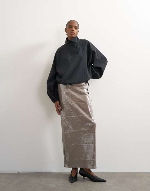 Topshop gonna lunga trasparente con paillettes color cioccolato, 1 di 5