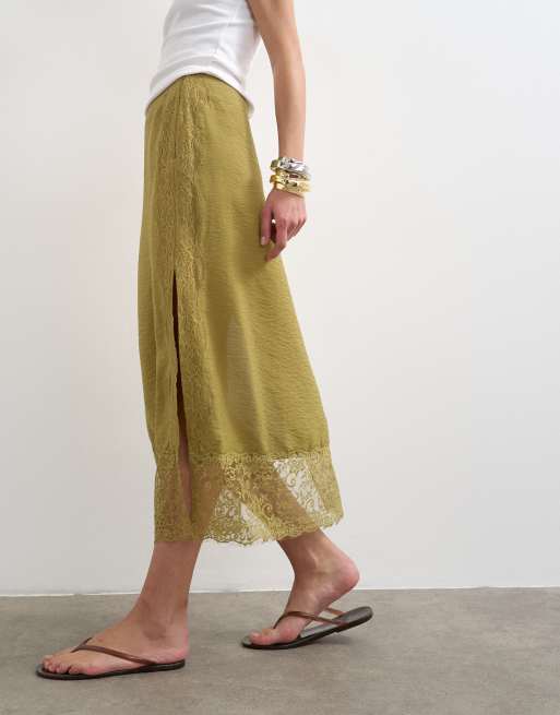 Topshop - Gonna lunga verde oliva con finiture in pizzo, 2 di 5