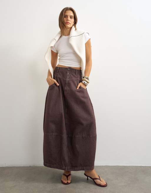 Topshop gonna maxi barrel con bottoni davanti color cioccolato, 1 di 5