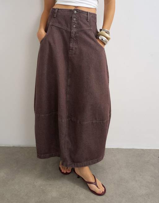 Topshop gonna maxi barrel con bottoni davanti color cioccolato, 3 di 5