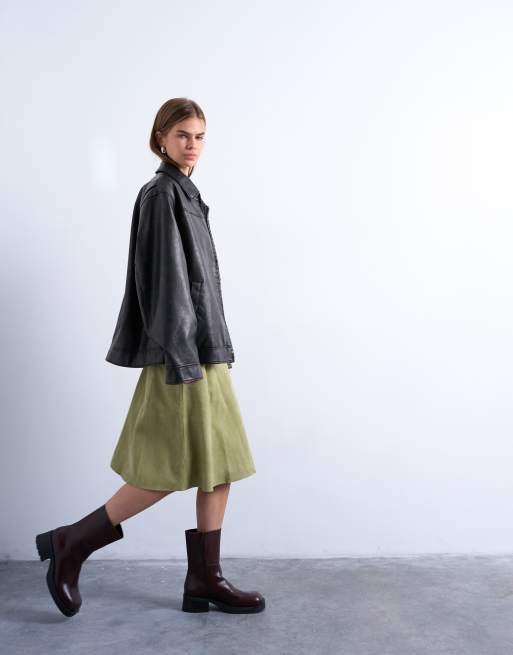 Topshop - Gonna midi a pannelli in vero camoscio color avocado