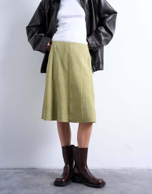 Topshop - Gonna midi a pannelli in vero camoscio color avocado, 2 di 5