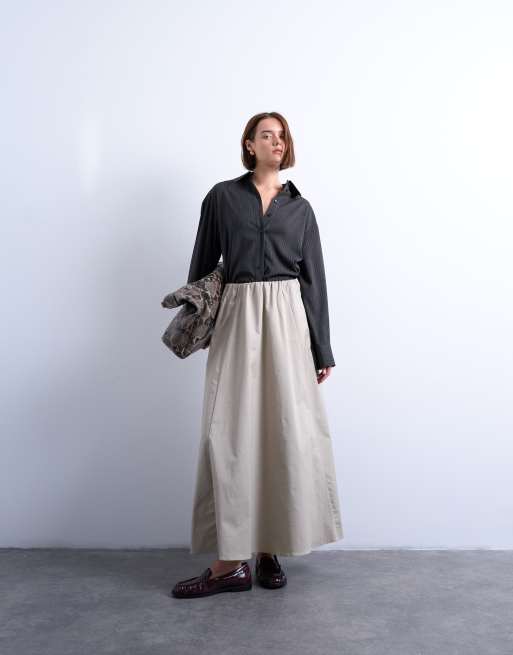 Topshop - Gonna midi a ruota in twill pesante color tortora
