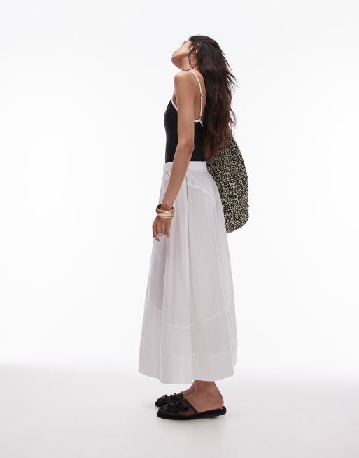 Topshop - Gonna midi ampia in popeline bianco con cuciture