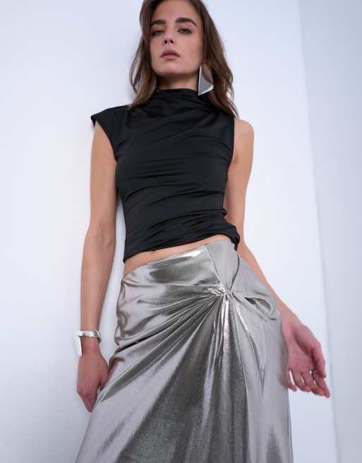 Topshop - Gonna midi argento metallizzata con nodo, 2 di 5