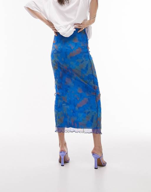 Topshop - Gonna midi blu con stampa astratta e cuciture stropicciate , 3 di 4