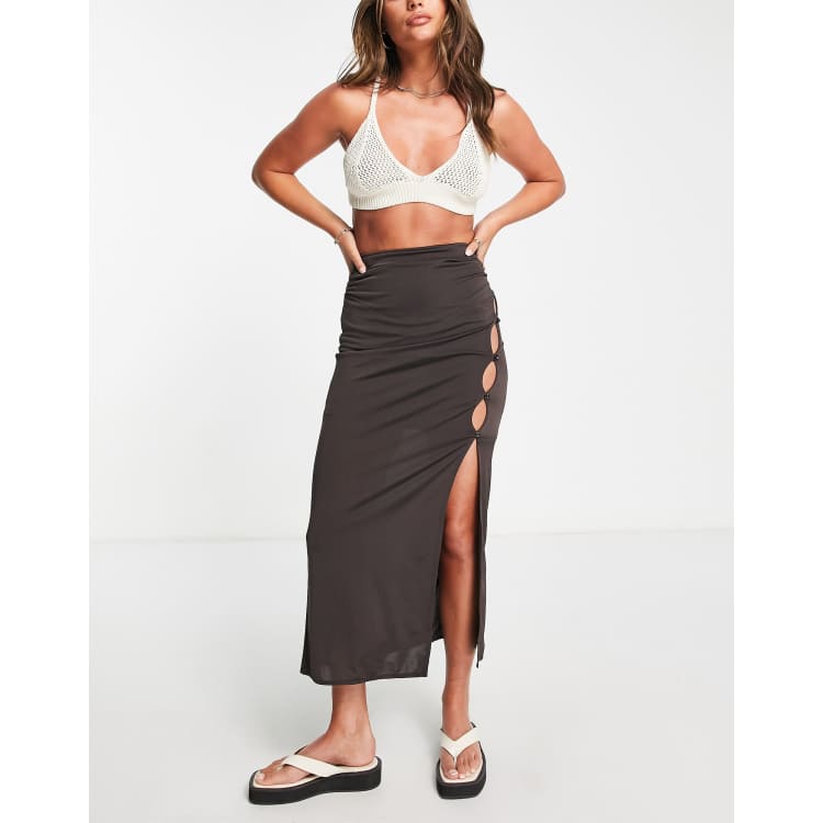 Asos Donna Abbigliamento Gonne Gonne midi Gonna midi con spacco profondo e bottoni color cioccolato sinuoso 