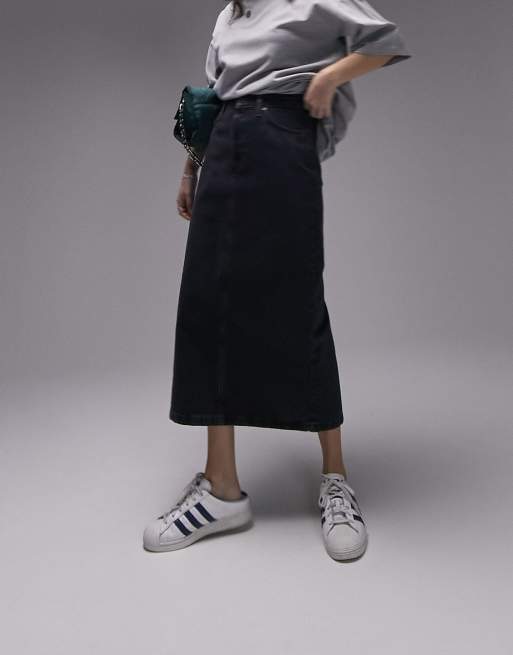Topshop - Gonna midi di jeans color ardesia