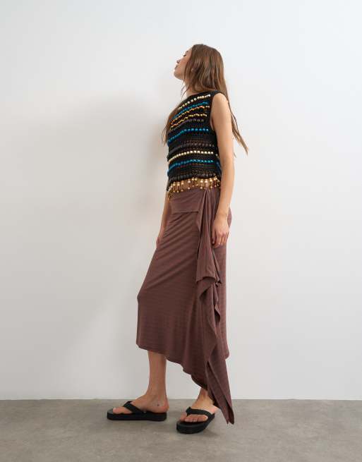 Topshop - Gonna midi drappeggiata marrone a righe, 2 di 5