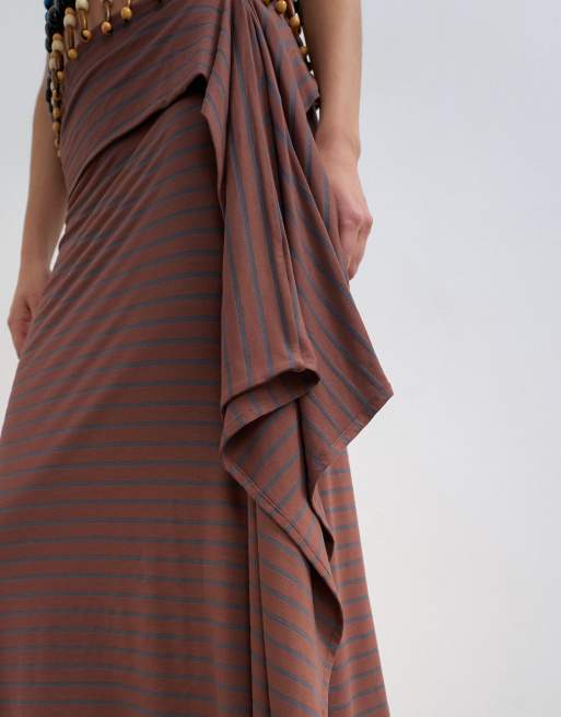 Topshop - Gonna midi drappeggiata marrone a righe, 4 di 5