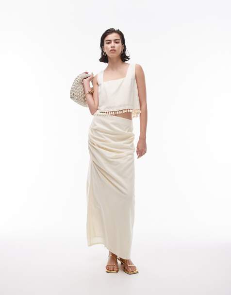 Topshop - Gonna midi dritta con lato arricciato color latticello in coordinato - view 1