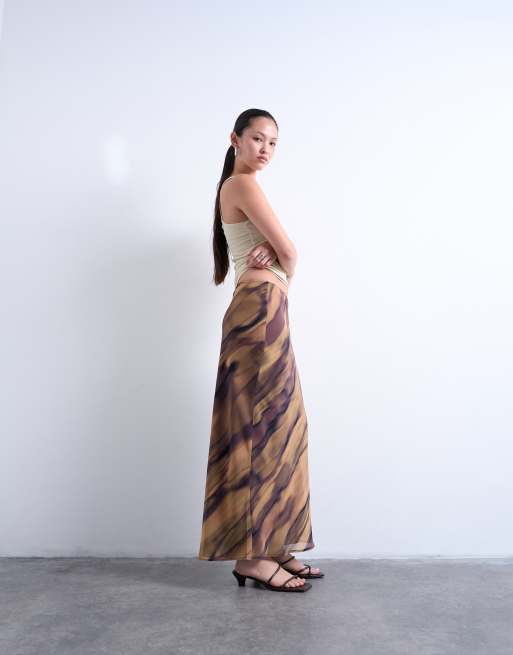 Topshop - Gonna midi in chiffon color venature del legno