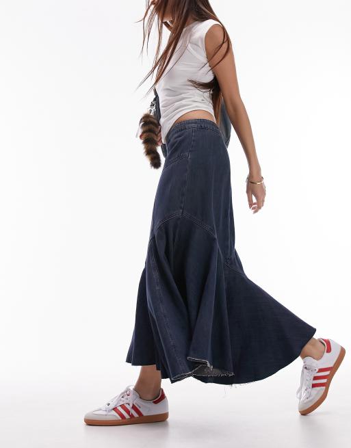 Topshop - Gonna midi in denim blu effetto sporco con inserti 