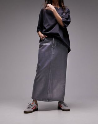 Topshop silver foil denim midi skirt in grey - ASOS Price Checker
