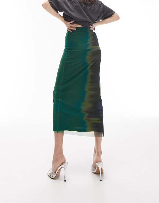 Topshop - Gonna midi in jersey verde con stampa vistosa , 2 di 4