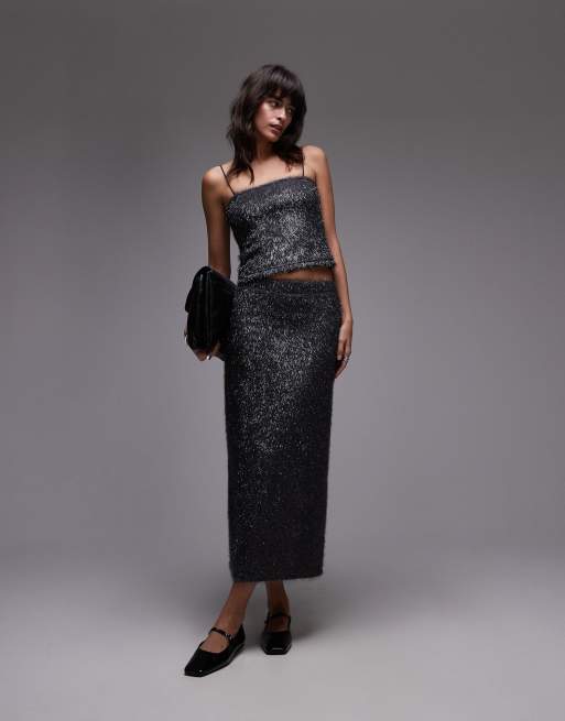 Topshop - Gonna midi in lamé color canna di fucile