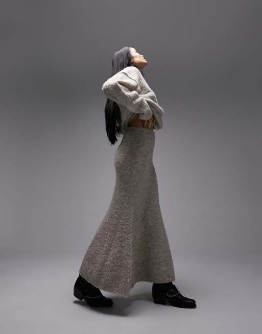 Topshop - Gonna midi in maglia bouclé color avena in coordinato