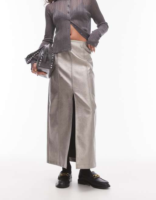 Topshop - Gonna midi in pelle sintetica grigio canna di fucile con spacco