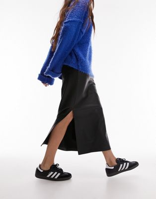 Topshop leather look clean midi skirt in black - ASOS Price Checker