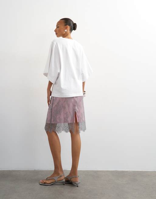 Topshop - Gonna midi in pizzo grigio con inserto rosa, 3 di 5