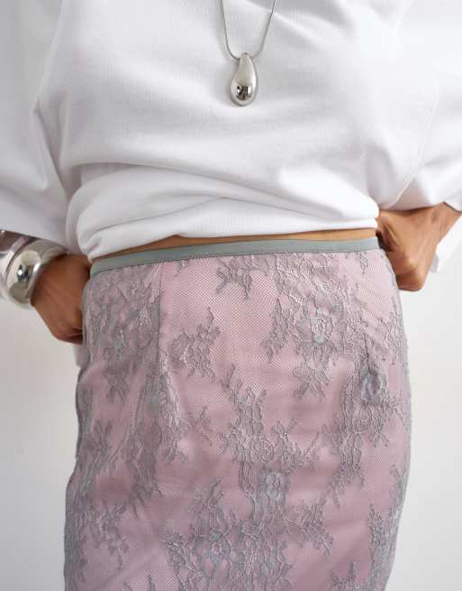 Topshop - Gonna midi in pizzo grigio con inserto rosa, 4 di 5