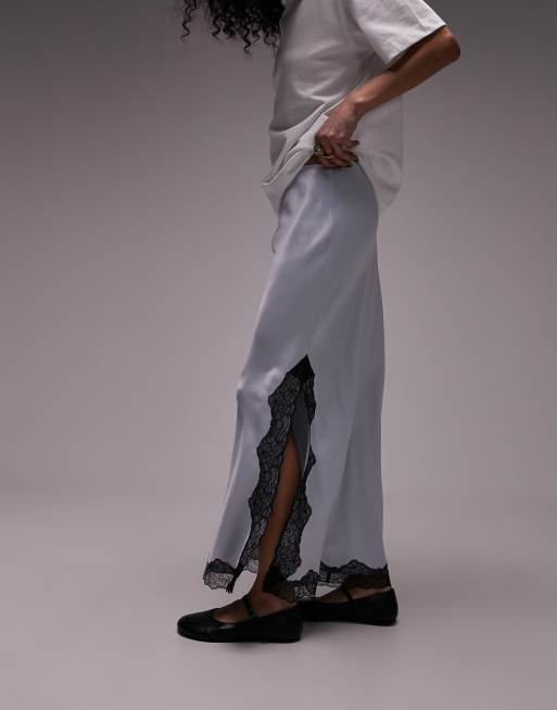 Topshop - Gonna midi in raso blu ghiaccio con taglio sbieco e finiture in pizzo nero