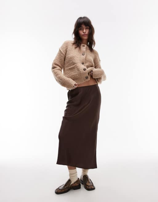 Topshop - Gonna midi in raso marrone taglio sbieco
