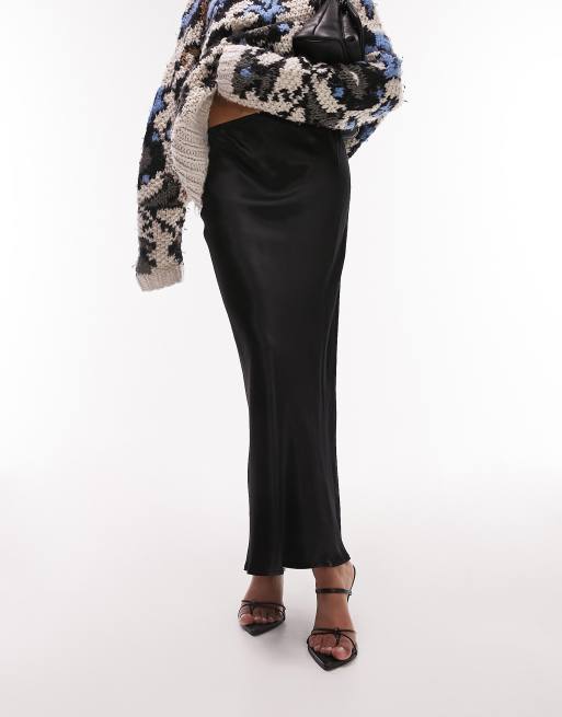 Topshop - Gonna midi in raso nero con taglio asimmetrico 