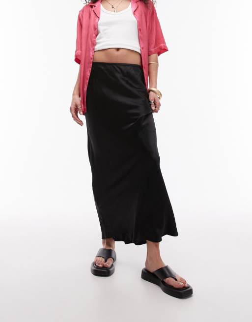 Topshop - Gonna midi in raso nero con taglio asimmetrico