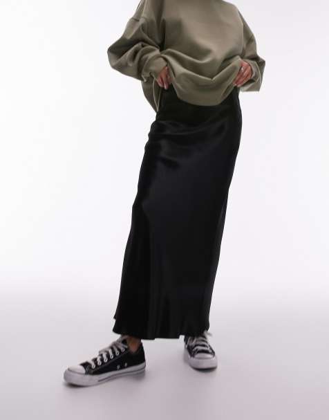 Topshop - Gonna midi in raso nero con taglio asimmetrico - view 1