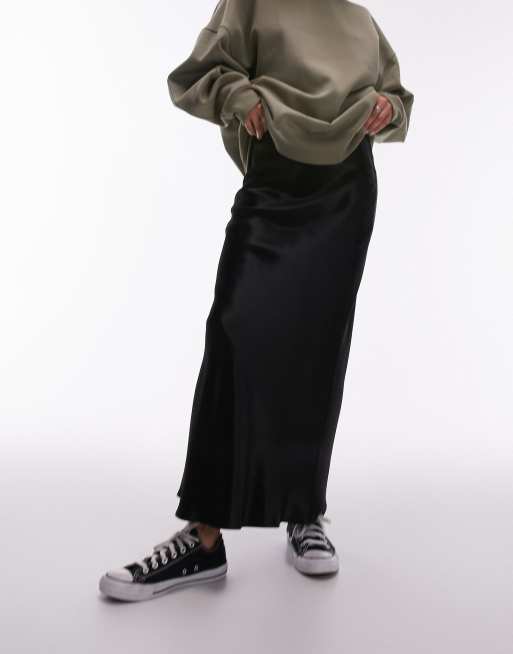 Topshop - Gonna midi in raso nero con taglio asimmetrico